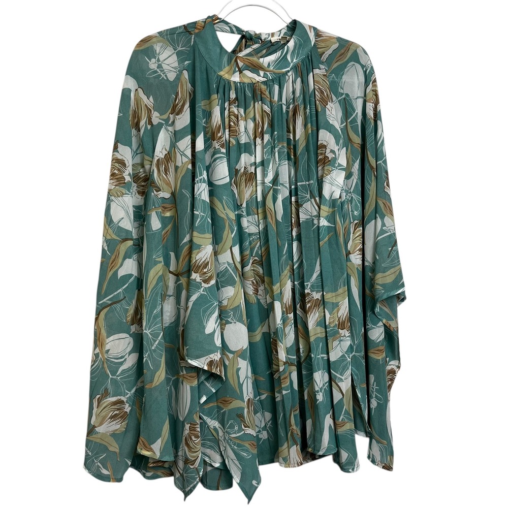 Jodifl Teal Green‎ Floral Pleated Poncho Blouse High Neck Tie Back Medium